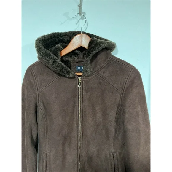 Faux Suede And Shearling Lined coat women Small, Dark Brown, Hooded, Classic - Picture 4 of 11
